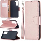 Voor Samsung Galaxy S21 + 5G Litchi Textuur Pure Kleur Horizontale Flip Leren Case met Houder & Kaartsleuven & Portemonnee & Lanyard (Rose Goud)