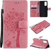 Voor Samsung Galaxy S20 FE 5G / S20 Lite Tree & Cat Pattern Pressed Printing Horizontale Flip PU lederen tas met houder & kaartsleuven & portemonnee & lanyard (roze)