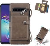 Voor Galaxy S10 5G schokbestendige pc + TPU beschermhoes, met kaartsleuven en portemonnee en fotolijst en draagkoord (donkerbruin)