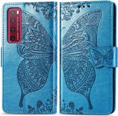 Voor Huawei Nova 7 Pro Butterfly Love Flower reliÃ«f horizontaal flip lederen tas met beugel / kaartsleuf / portemonnee / lanyard (blauw)