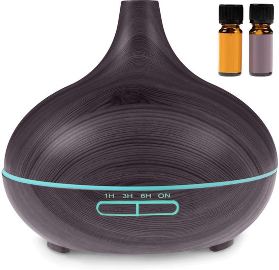 LifeGoods Aroma Diffuser 300ML - Luchtbevochtiger voor Aromatherapie - 7 LED Kleuren - Incl. 2x Etherische Olie - Woodgrain Hout Design - Donkerbruin