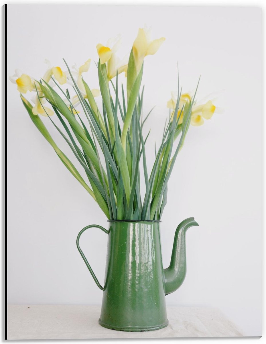 Dibond - Groene Gieter met Bloemetjes - 30x40cm Foto op Aluminium (Met Ophangsysteem)