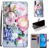 Voor Alcatel 1SE (2020) Gekleurde Tekening Cross Textuur Horizontale Flip PU Leren Case met Houder & Kaartsleuven & Portemonnee & Lanyard (Lichtroze Boeket)