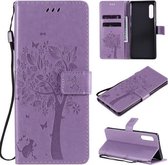 Voor LG G9 Tree & Cat Reliëfpatroon Horizontale Flip Leren Case met Houder & Kaartsleuven & Portemonnee & Lanyard (Lichtpaars)