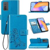 Vierbladige sluiting reliëf gesp Mobiele telefoon bescherming lederen tas met lanyard & kaartsleuf & portemonnee & beugel functie voor Huawei Honor 10X Lite (blauw)