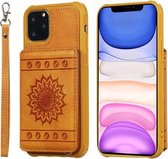 Voor iPhone 11 Pro Zonnebloem-reliëfpatroon PU + TPU-hoesje met houder en kaartsleuven en fotolijst en draagkoord (bruin)