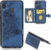 Voor Galaxy M20 Mandala Reliëf Magnetische Doek PU + TPU + PC Case met Houder & Kaartsleuven & Portemonnee & Fotolijst & Riem (Blauw)