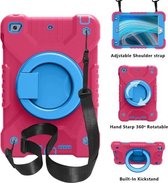 PC + siliconen schokbestendige combinatiebehuizing met 360 graden roterende houder en handvat en schouderriem voor iPad mini 5 / mini 4 (felroze + blauw)