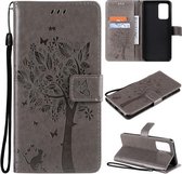 Voor Samsung Galaxy A52 5G Tree & Cat Pattern Pressed Printing Horizontale Flip PU Leather Case met houder & kaartsleuven & portemonnee & Lanyard (grijs)