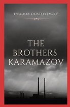 Boek The Brothers Karamazov van Fyodor Dostoyevsky met een donkere, dramatische lucht en fabrieksschoorstenen.