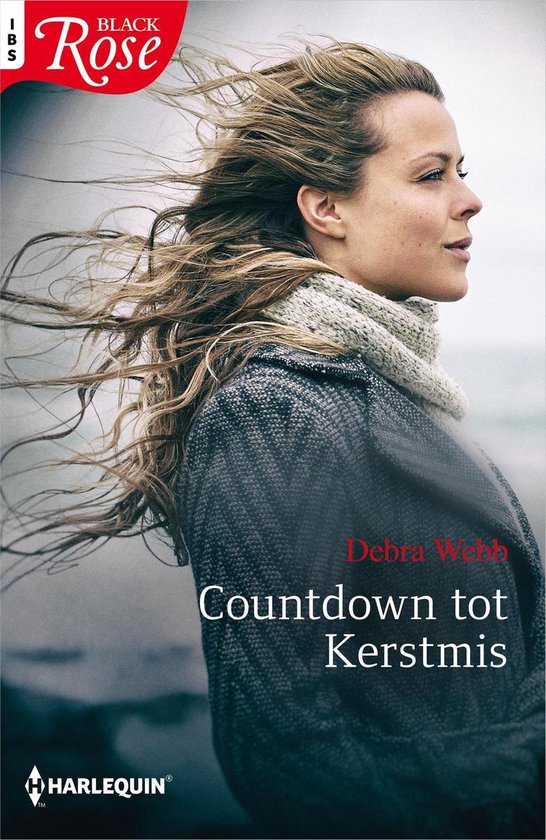 Vrouw met wapperend blond haar, draagt een grijze jas en sjaal. Titel: Countdown tot Kerstmis.