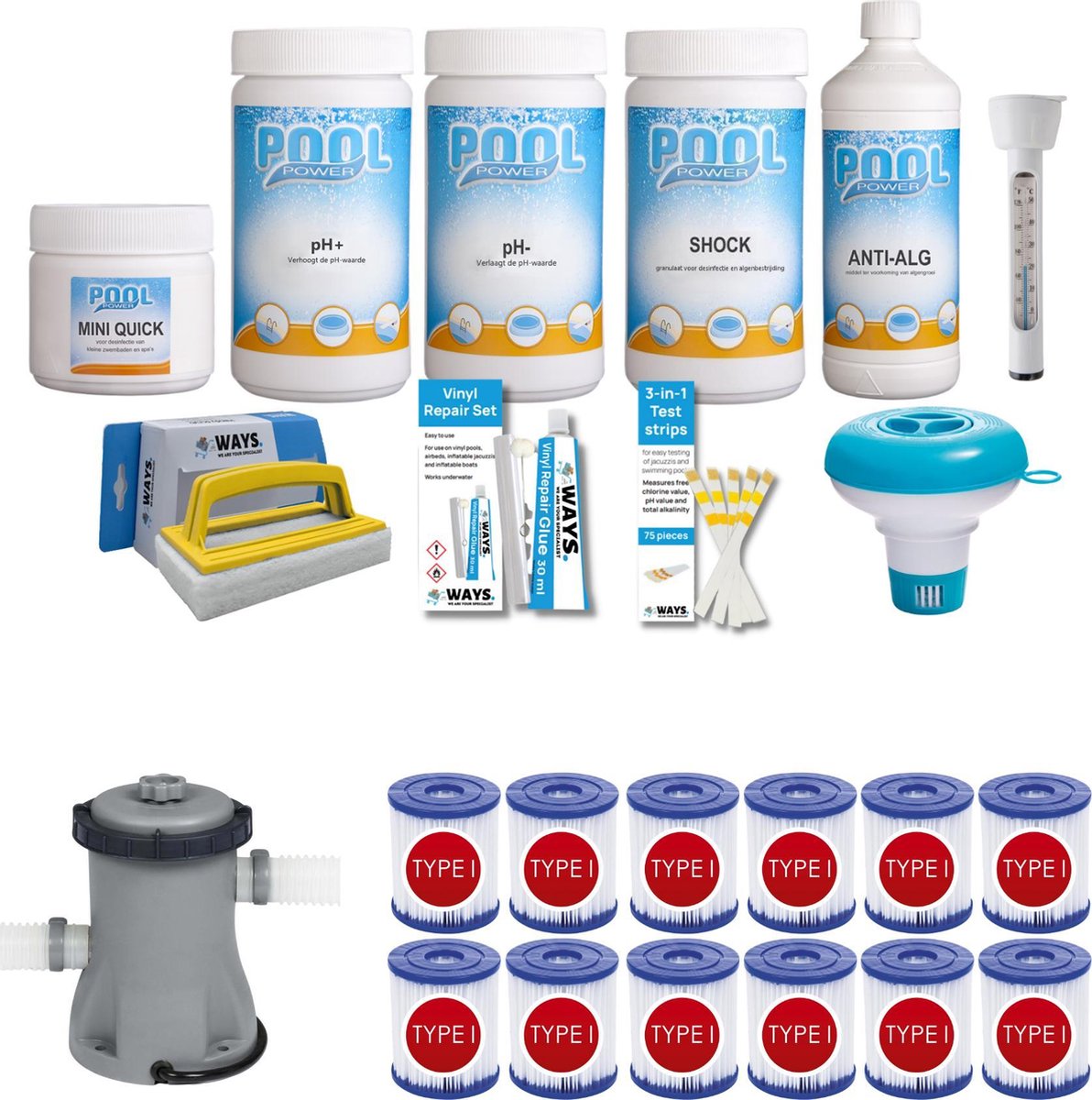 WAYS - Zwembad Onderhoud - Pakket Small Deluxe & Filterpomp 1249 L/h & 12 Filters Type I