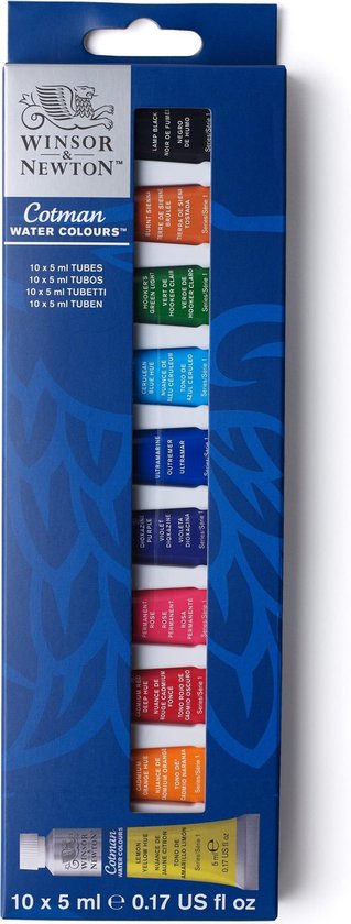 Boîte d'aquarelle Winsor & Newton Cotman, 10 tubes de 5 ml, bleue avec un motif graphique.