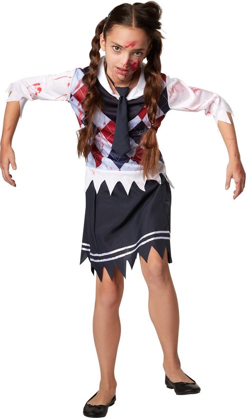 dressforfun - Griezelig schoolmeisje 158 (vanaf 12 jaar) - verkleedkleding kostuum halloween verkleden feestkleding carnavalskleding carnaval feestkledij partykleding - 302209