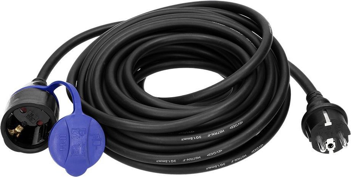 Rubber Verlengsnoer 10 Meter - Verlengkabel - voor buitengebruik en camping - - Ook aan te sluiten op noodgenerator - IP44 spatwaterdicht - H07RN-F (3 x 1,5 mm²) - Zwart