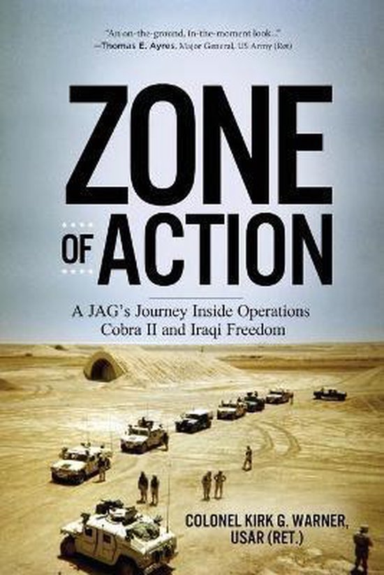 Boek "Zone of Action" met een stoet militaire voertuigen in een woestijnlandschap onder een blauwe lucht.
