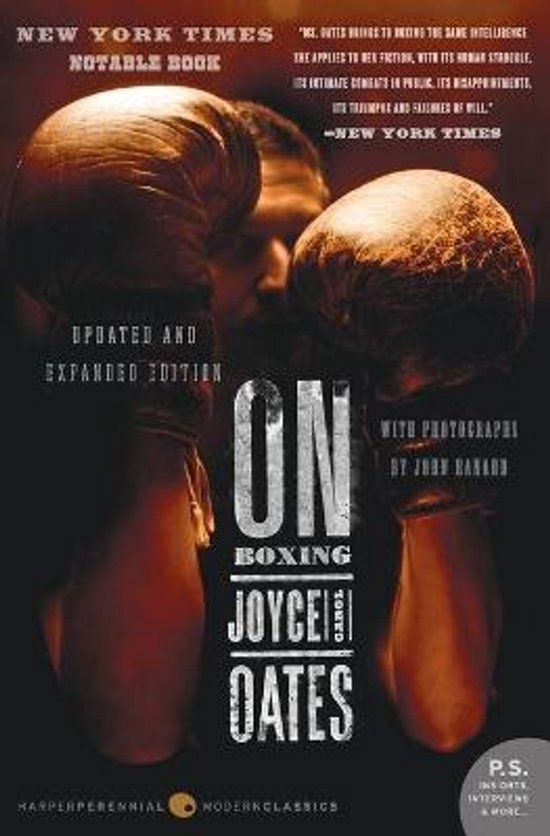 Boekhoes met een close-up van een bokser, twee bokshandschoenen en de titel "On Boxing" door Joyce Carol Oates.