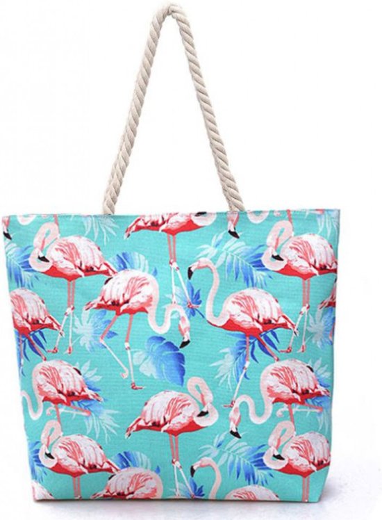 Flamingo Strandtas - Shopper met ritssluiting - Turquoise - Schoudertas - Handtas -Strand - Summer/Zomer