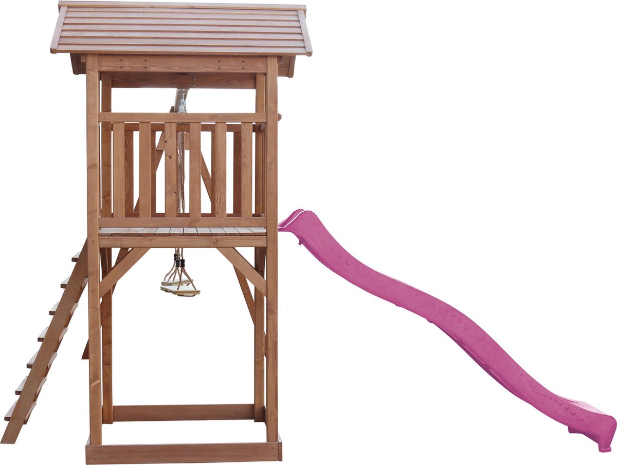 AXI Beach Tower Speeltoestel in Bruin - Speeltoren met Dubbele Schommel, Paarse Glijbaan en Zandbak - FSC hout - Speelhuis op palen voor de tuin — afbeelding 2