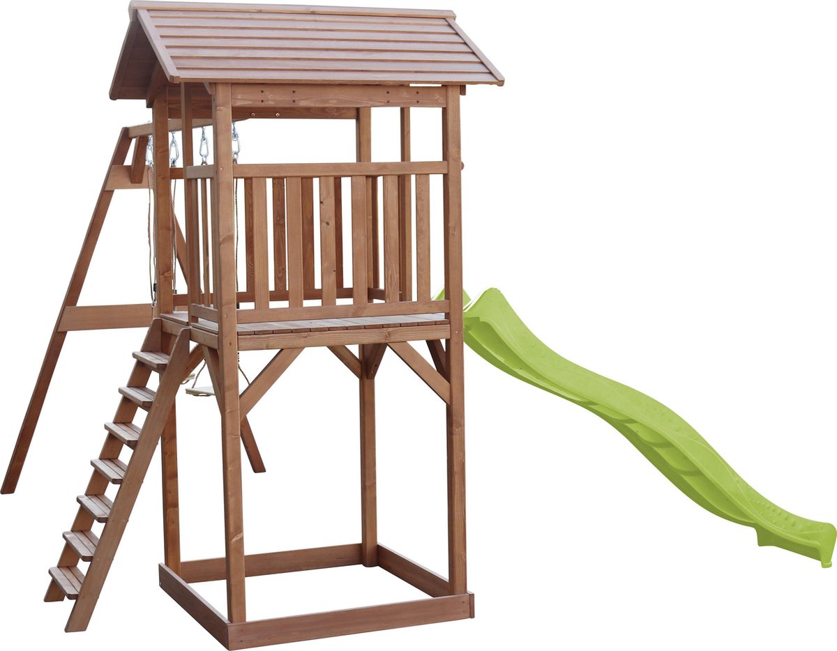 AXI Beach Tower Speeltoestel in Bruin - Speeltoren met Dubbele Schommel, Limoen Groene Glijbaan en Zandbak - FSC hout - Speelhuis op palen voor de tuin — afbeelding 19