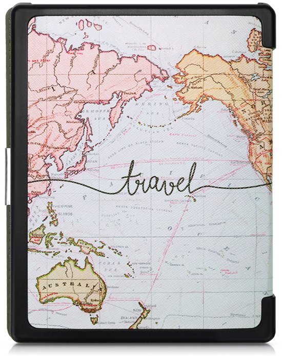 kwmobile e-reader hoesje geschikt voor Kobo Aura Edition 1 hoes - E reader flip case met magnetische sluiting - Ereader cover - Travel Wereldkaart design in zwart / meerkleurig van Merkloos — afbeelding 3