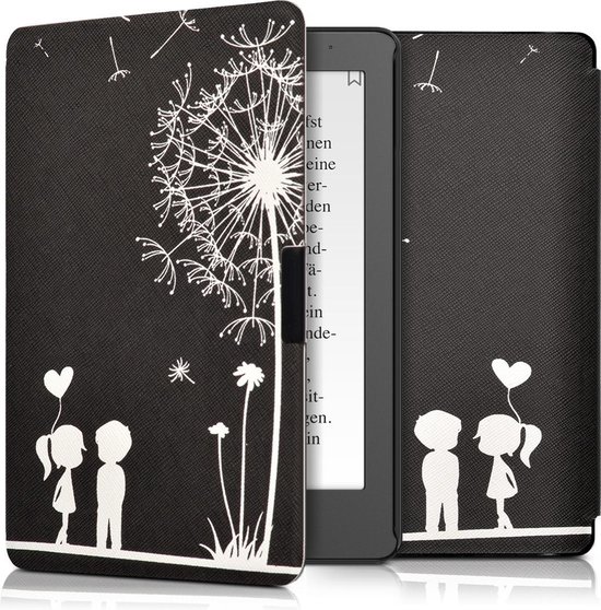 kwmobile hoes geschikt voor Kobo Aura Edition 2 - Magnetische sluiting - E reader cover in wit / zwart - Paardenbloemen Liefde design