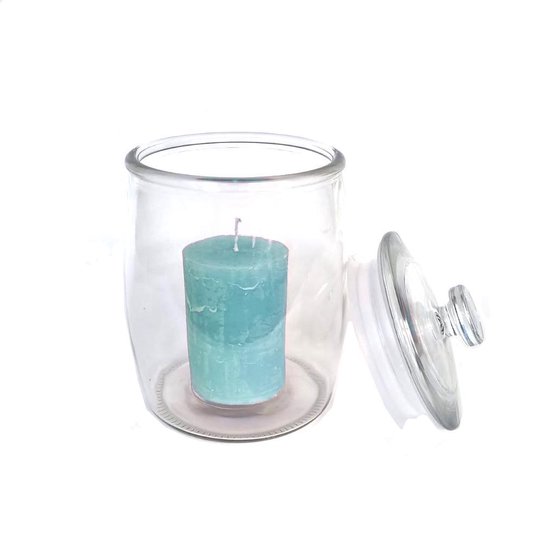 Cactula glazen pot / windlicht met stompkaars  en deksel 18 cm hoog diameter 12 cm | Blauw