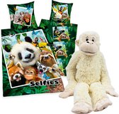 Dekbedovertrek Wilde Dieren selfies- jungledieren- 140x200cm- katoen- incl. grote pluche slingeraap 70 cm.