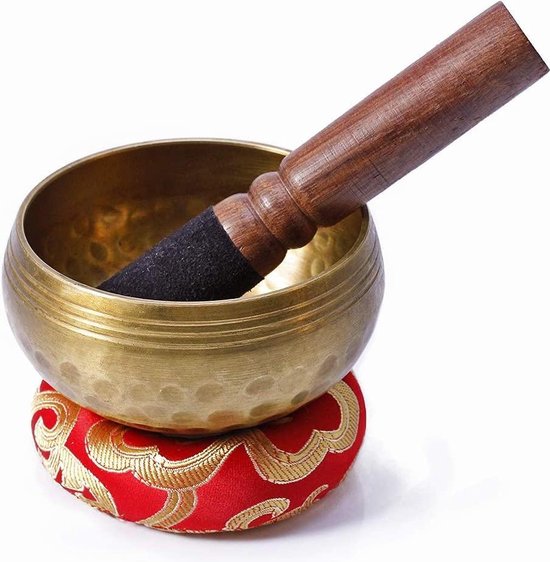 Tibetaanse Klankschaal - incl. Aanstrijkhout & Kussen - Klank Schaal - Meditatie, Yoga, Chakra - Rood - 8 cm van Merkloos — afbeelding 4
