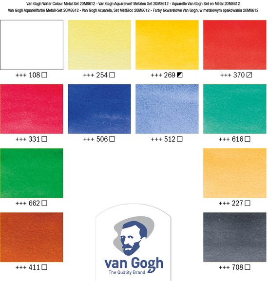 Douze godets d'aquarelle de couleurs: jaune clair, jaune, jaune foncé, rouge, rouge vif, bleu foncé, bleu clair, bleu-vert, vert, jaune pâle, brun orangé, gris foncé.