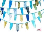 Ibiza Flags| blauw/groen| slinger van stof| vlaggetjes van stof| vlaggenlijn| 10 meter| handgemaakt| met leer en belletjes| groen blauw aqua goud |versiering| stoere woonslinger| f