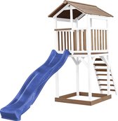 AXI Beach Tower Speeltoestel in Bruin/Wit - Speeltoren met Zandbak en Blauwe Glijbaan - FSC hout - Speelhuis op palen voor de tuin