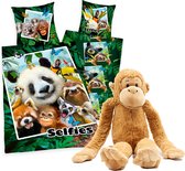 Dekbedovertrek Wilde Dieren selfies- jungledieren- 140x200cm- katoen- incl. grote pluche slingeraap 70 cm.