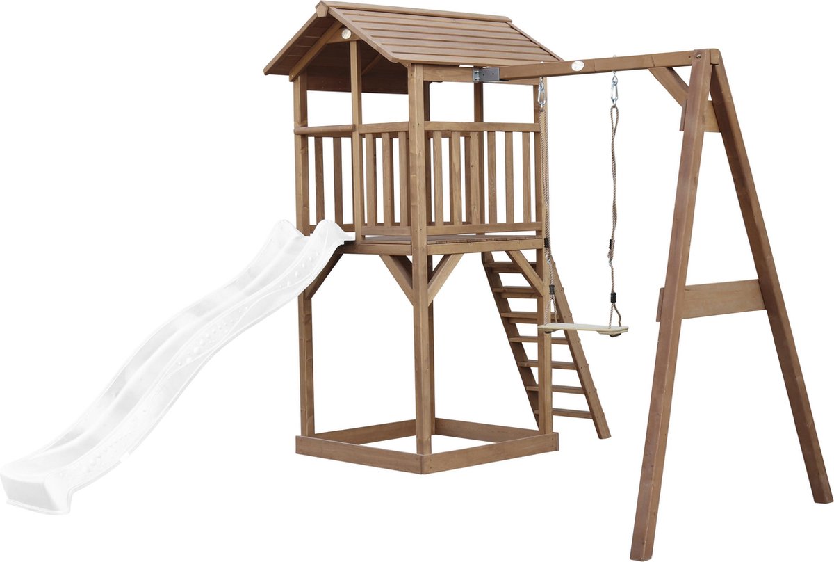 AXI Beach Tower Speeltoestel in Bruin - Speeltoren met Enkele Schommel, Witte Glijbaan en Zandbak - FSC hout - Speelhuis op palen voor de tuin — afbeelding 2