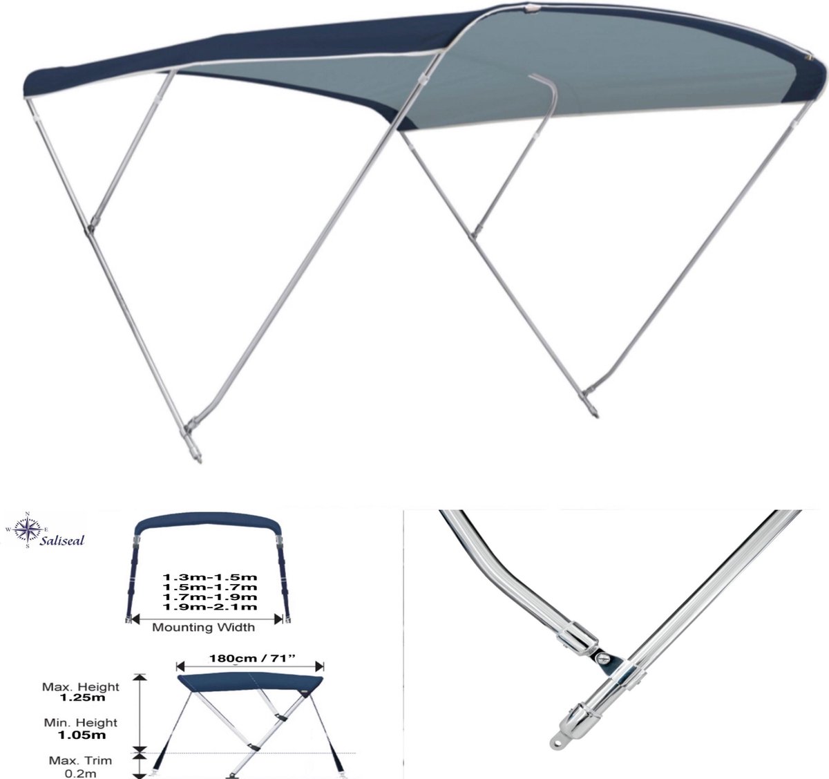 RVS Biminitop L180 X B150-169 | RVS 20mm Marine blauw | Biminitop RIB / Rubberboot