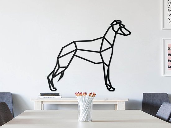 HOUTEN WANDDECORATIE / WOODEN WALL DECORATION - GEOMETRISCHE MUURDECORATIE / GEOMETRIC WALL ART - WINDHOND / GREYHOUND / WHIPPET - 50 x 43cm - ZWART / BLACK - ORIGAMI DESIGN WANDFIGUUR - ECHT HOUT - REAL WOOD - HONDEN / DOGS