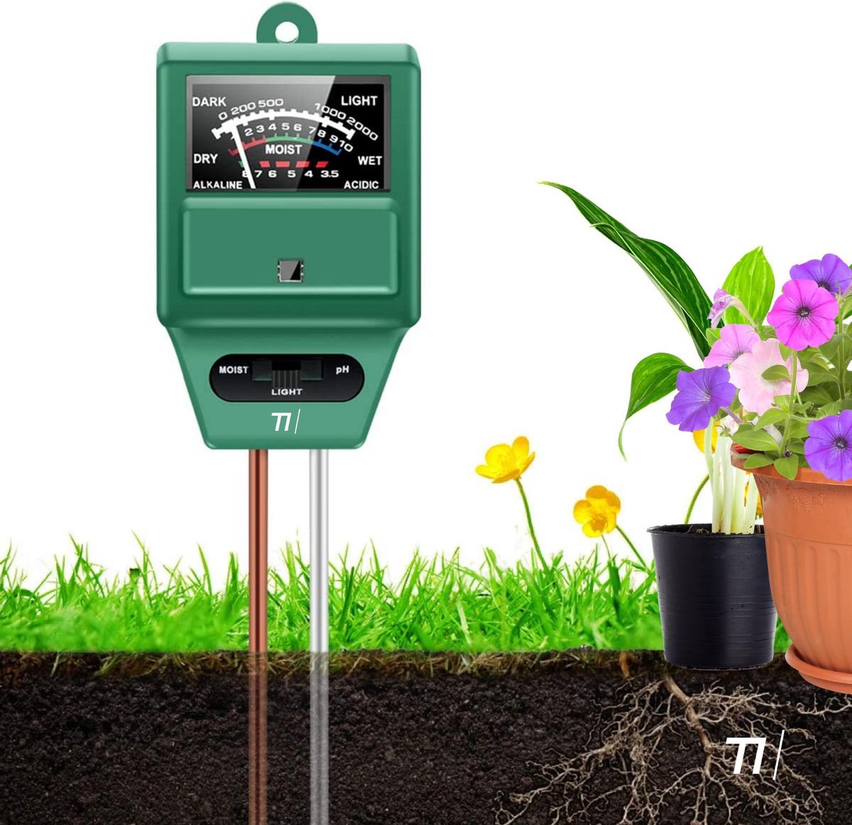 TIKKENS® Vochtmeter Bodem Planten - Vochtigheidsmeter Planten - pH en Lichtmeter - 3 in 1 - Bloemen/Planten - Tuinaarde Testen - Vochtmeters