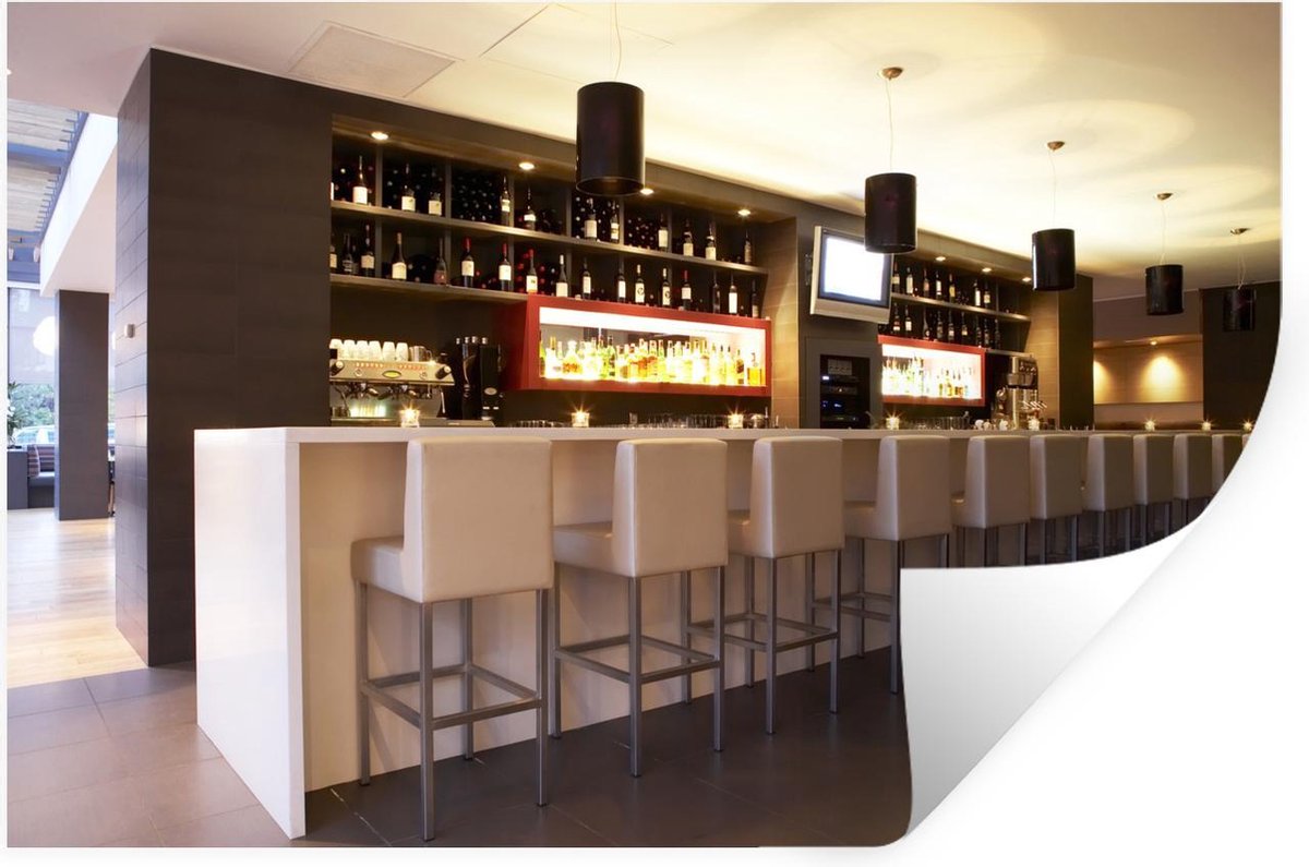 Muursticker Bar loungebar met witte barkrukken 90x60 zelfklevend plakfolie herpositioneerbare muur sticker - Winkelen.nl