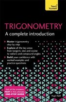 Boek met de titel "Trigonometry: A complete introduction" in het Engels, met een geometrisch patroon in de kleuren roze en turkoois op een zwarte achtergrond.