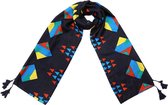 Een opvallende sjaal die gemakkelijk te combineren is. Uitgevoerd met kleurrijke figuren op een donkerblauwe ondergrond. Met leuke kwastjes aan de hoeken van de sjaal. Voor uzelf o