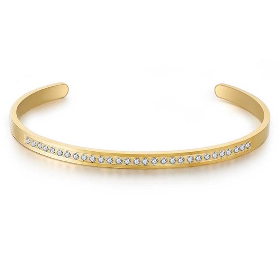 Twice As Nice Armband in goudkleurig edelstaal, open bangle met witte kristallen 6,5 cm