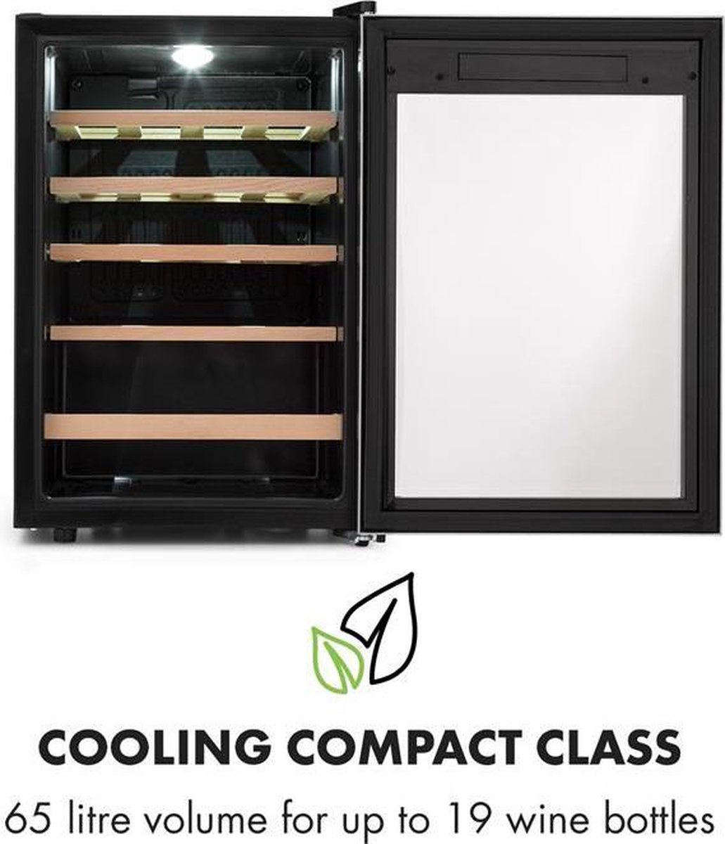 Klarstein Wijnkoeler Vinamour 19 Uno Wijnkoelkast 19 fl./65 l 4-18°C 40 dB glas - 62L 48 cm - voor Wijnliefhebber voor Bar - Glazen Deur Touch Houten Schappen - RVS - Display - Wijnklimaatkast - Wijnkast - Wine Cooler - Wine Fridge – foto 4