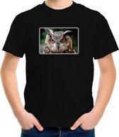 Dieren shirt met uilen foto - zwart - voor kinderen - roofvogel/ uil cadeau t-shirt S (122-128)