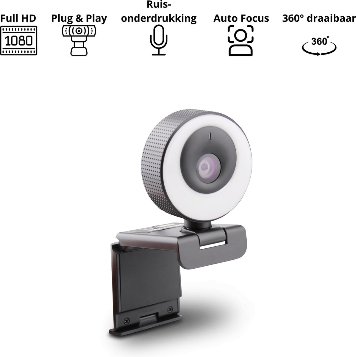 Webcam met ringlamp - ring light - ringlicht - Full HD - 1080p - 60 FPS - Webcam voor pc - Inclusief statief en webcam cover