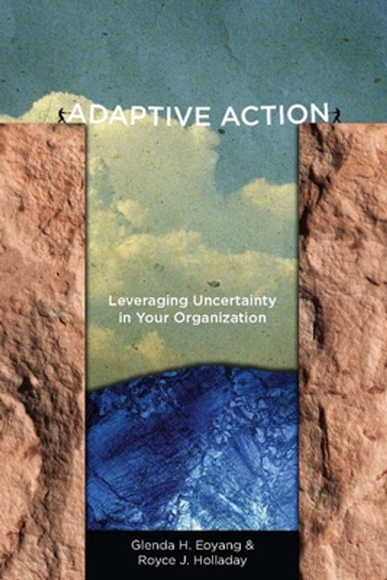 Boekomslag met de titel 'ADAPTIVE ACTION: Leveraging Uncertainty in Your Organization'. Twee figuren lopen aan weerszijden van een diepe kloof.