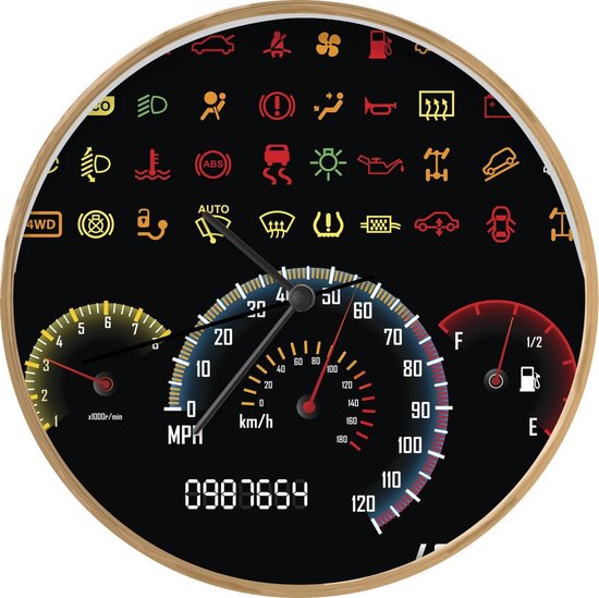 Klok Dashboard auto/vliegtuig illustratie Ø 30 cm - Illustratie van de gekleurde symbolen in een auto op het dashboard - Modern - Houtkleurige...