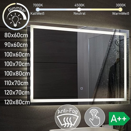 Miroir de salle de bain LED 120x80 cm dimmable, fonction anti-buée