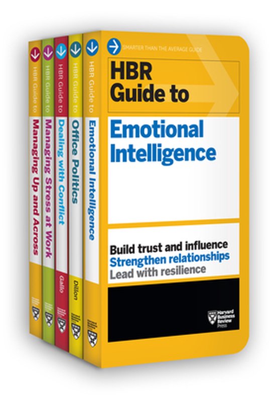 Cinq guides HBR côte à côte : Emotional Intelligence, Office Politics, Dealing with Conflict, Managing Stress at Work, Managing Up and Across.