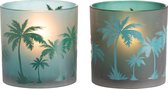 Windlicht Azuurblauw met palmbomen - per set van 2 - Glas - 15 cm x 15 cm
