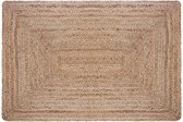 Beige gevlochten jute vloerkleed met concentrische rechthoekige patronen.